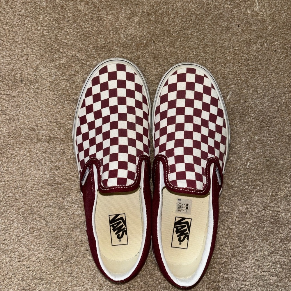 Vans Burgundy and White Checkerboard Slip-On Sneakers